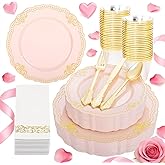 Ciaell 175 PCS Pink and Gold Plastic Plates - Fancy Gold Disposable Dinnerware Set with of 50 Plates, 25 Knives, 25 Forks, 25 Spoons, 25 Cups, 25 Napkins for Party & Weddings & Valentine's Day