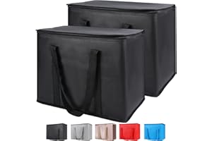 CIVJET Insulated Reusable Grocery Bags, 16W x 13H x 9D, X-Large Tote Bag for Shopping/Travel, Doordash Food Cooler/Hot Delivery Bag, Black, 2-Pack