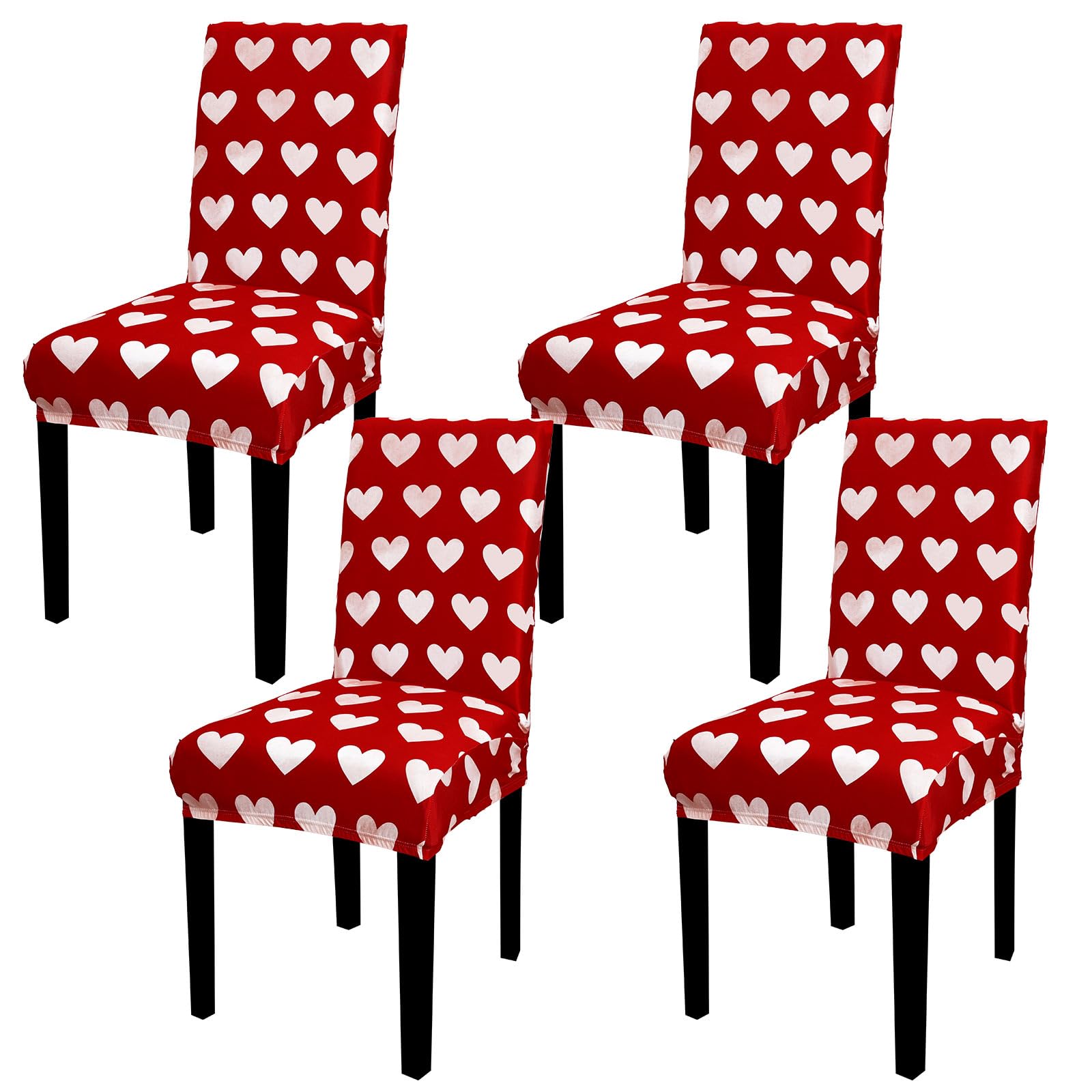 View 1 of (ONLY 3) Whaline 4Pcs Valentine' s Day Chair Covers Dining Chair Slipcover Red White Heart Removable Seat Covers for Wedding Anniversary Home Kitchen Hotel Restaurant Decor