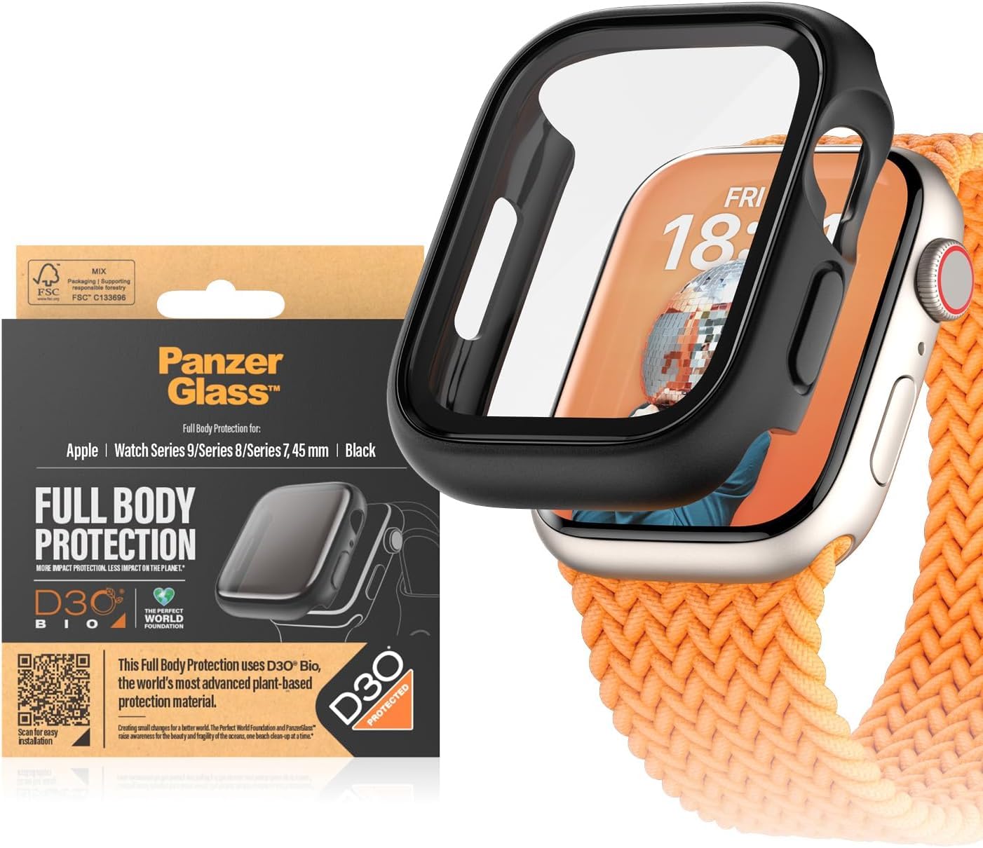 PanzerGlass™ Screen Protector for Apple Watch 9 45mm - Full Body D3O® Protective Case Against Scratches and Impacts, Made of Tempered Glass, Black