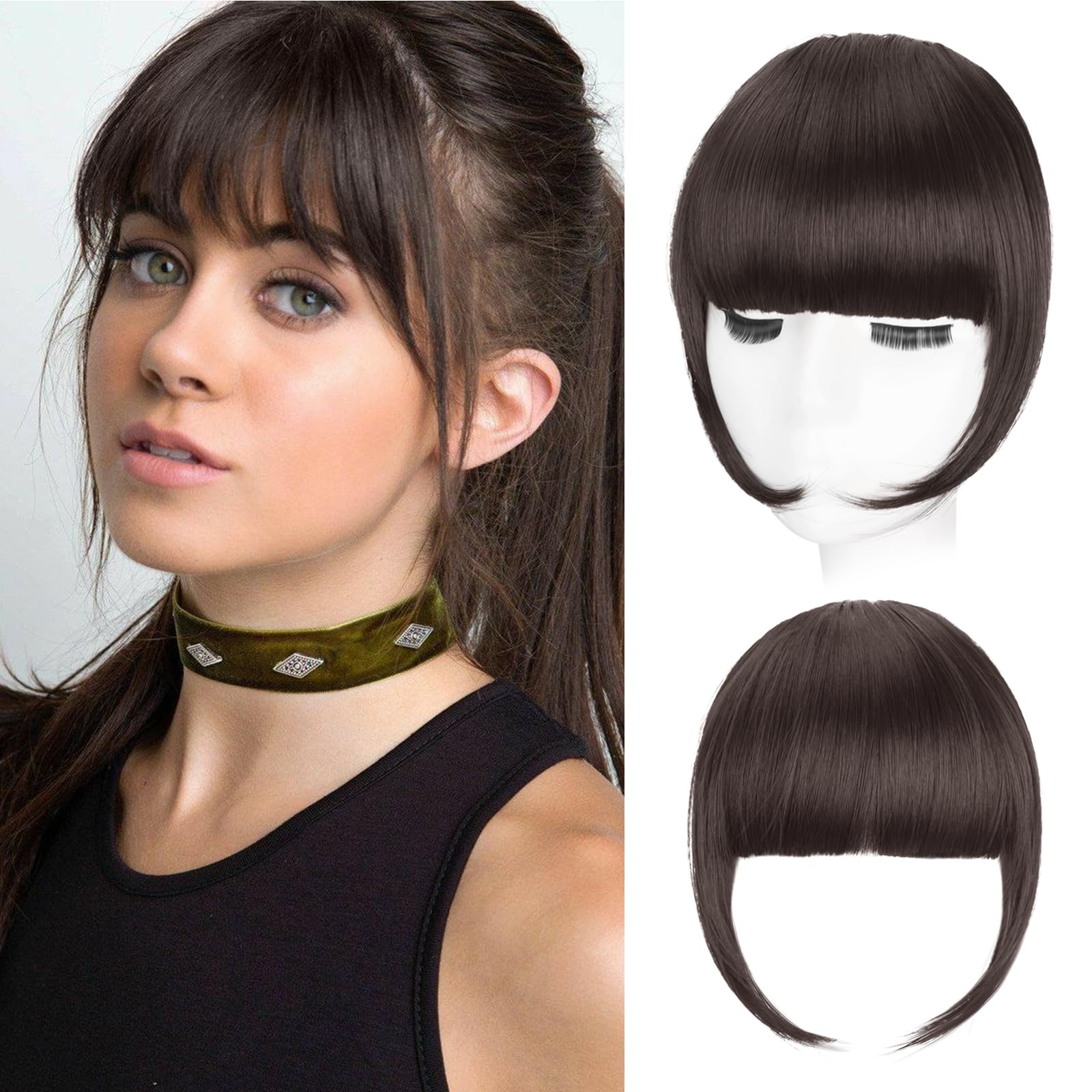 Photo 1 of Flvaco Clip in Bangs, Synthetic French Bangs Hair Clip, Medium Brown Fake Bangs Fringe with Temples Hairpieces for Women Natural Curved Hair Extensions for Daily Wear
