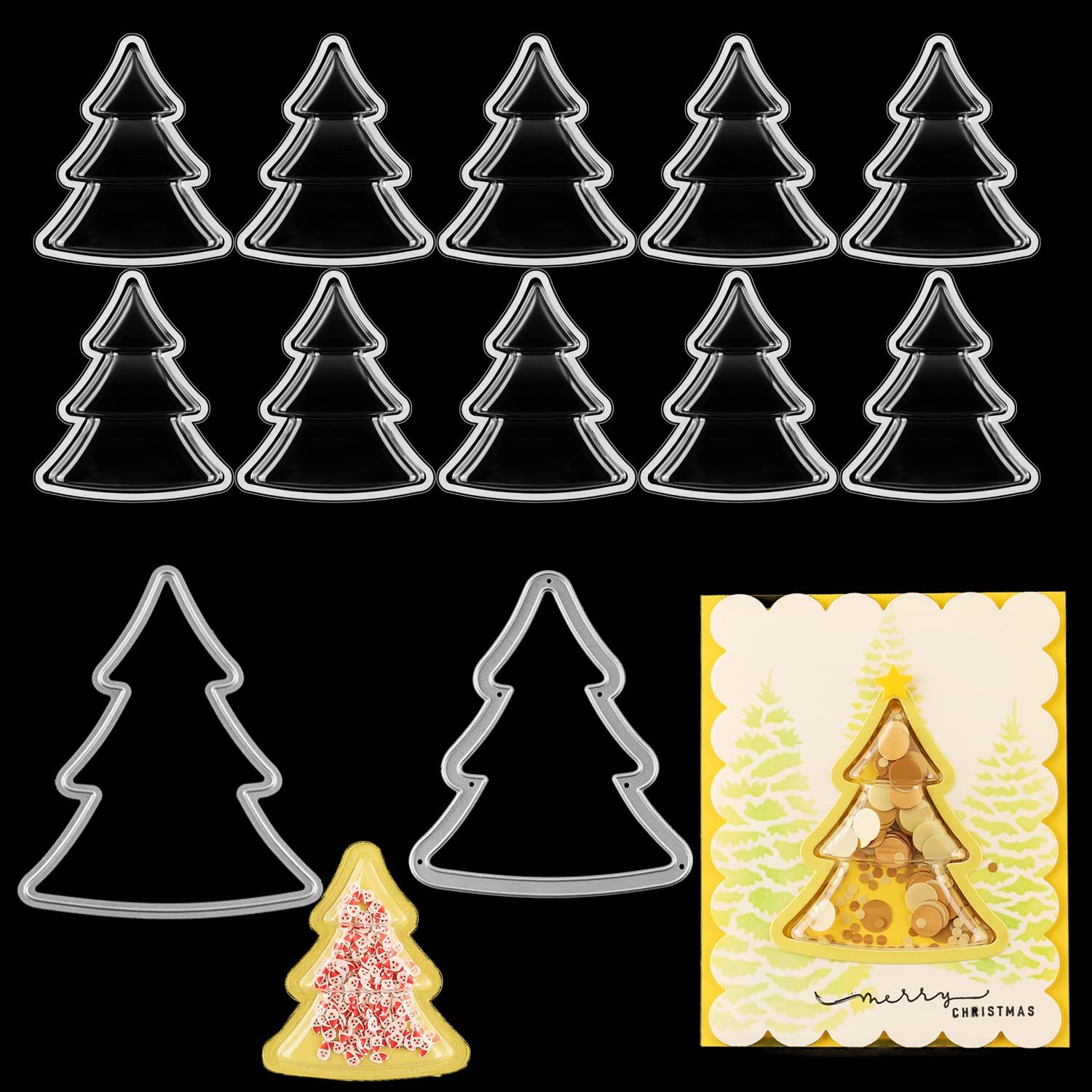 10PCS Christmas Tree Shape Dimensional Shaker Domes Coordinate Metal Cutting Dies for Shaker Card Making DIY Scrapbooking Plastic Clear Puffy Shaker Covers,Shaker Window Blister for Shaker Card Making