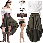 EJWCIG Renaissance Costume Women Medieval Victorian Pirate Dress Skirt Blouse Waistband Halloween Pirate Cosplay