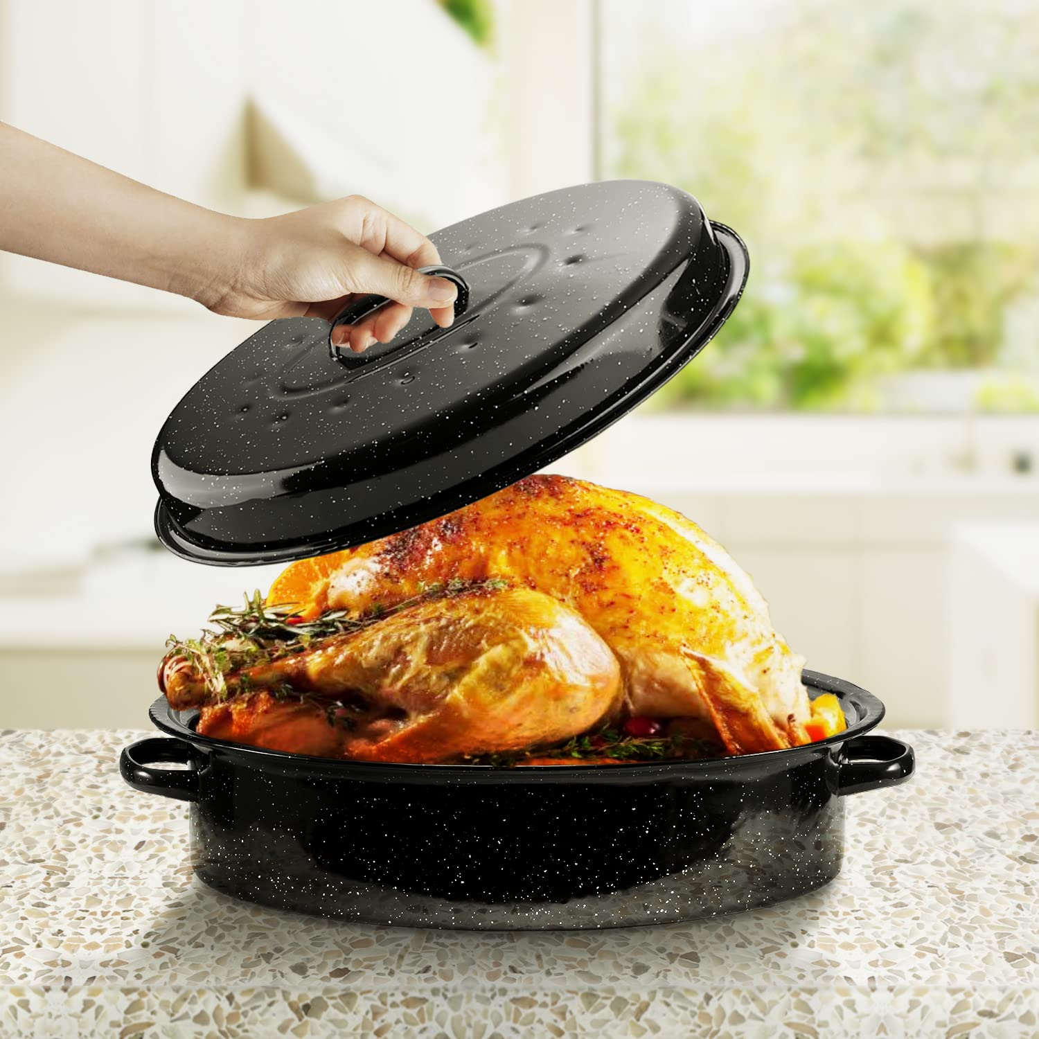 DIMESHY 18Inch Roasting Pan, Enamel on Steel, Black Covered Oval Roaster Pan with Lid, Large Cookware for Turkey, Small Chicken, Roast Baking Pan.