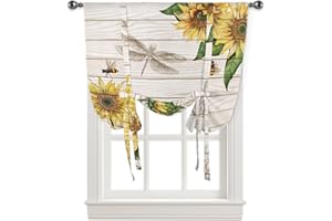 ARTSHOWING Sunflower Tie Up Curtain for Kitchen Adjustable Balloon Window Shade 63 Inch Length Sunflower and Bee on Vintage Wooden Board Rod Pocket Curtain Drape for Bedroom Living Room 42"x63" Valance