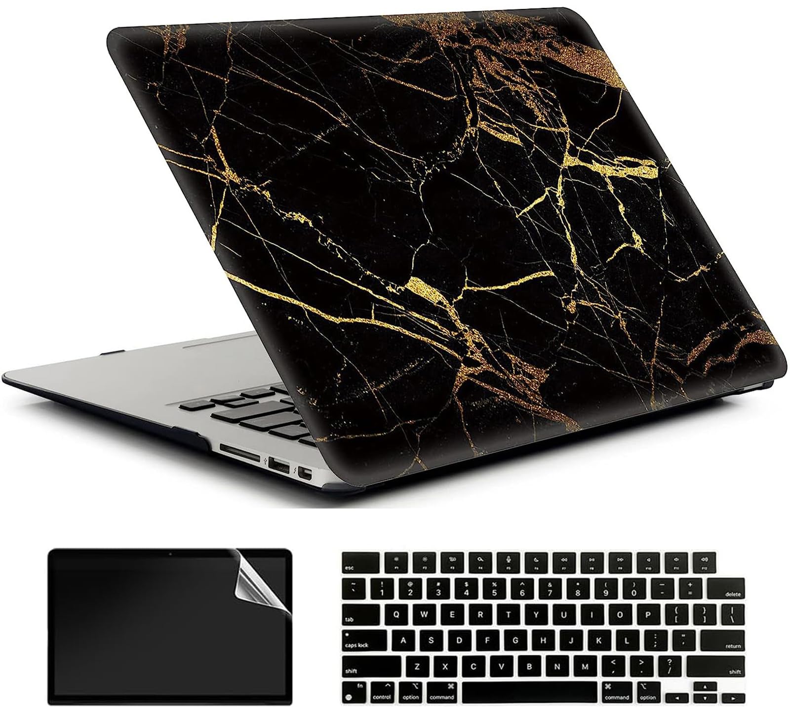 AMCJJ Compatible with MacBook Air 15 inch Case 2024 2023 Release M3 A3114 M2 A2941 Touch ID, Plastic Hard Shell Case & Keyboard Cover & Screen Protector - Black Gold Marble