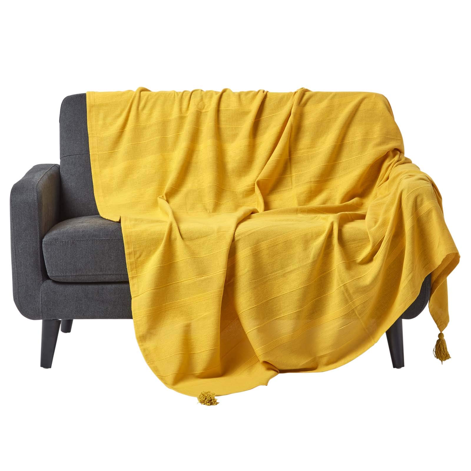 HOMESCAPES - Rajput Ribbed Throw 90 x 100 Inches Plain Yellow Handmade 100% Cotton Suitable for most 3 Seater Sofas Double King bedspreads Easy care washable at home