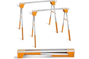 BAKEJOY Stainless Steel Saw Horses 2 Pack - 6-Level Height Adjustments for Versatile Use, 1500 lbs Load Per Sawhorse, Foldable & Portable Design for Easy Storage - Ideal for Carpenters, Construction Workers, Remodelers - Silver