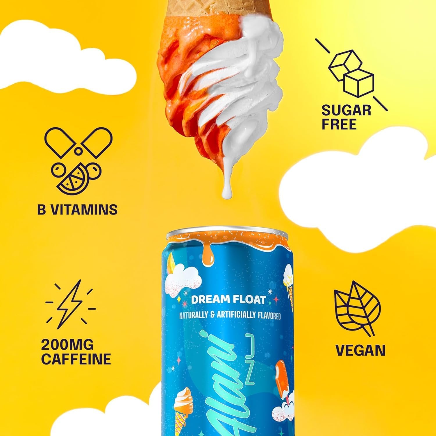 Alani Nu DREAM FLOAT, Sugar Free, Low Calorie Energy Drinks, 200mg Caffeine, Biotin, B Vitamins, Zero Sugar, 10 Calories, 12 Fl Oz Cans, 24 Pack