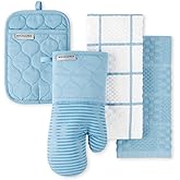 KITCHENAID Quilted Cotton Terry Cloth Oven Mitt, Pot Holder, Kitchen Towel 4-Pack Set, Heat Resistant, Silicone Grip, Gift Set, Blue Velvet, 16"x26", 7"x13" & 7"x10"