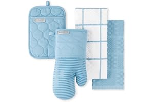 KITCHENAID Quilted Cotton Terry Cloth Oven Mitt, Pot Holder, Kitchen Towel 4-Pack Set, Heat Resistant, Silicone Grip, Gift Se