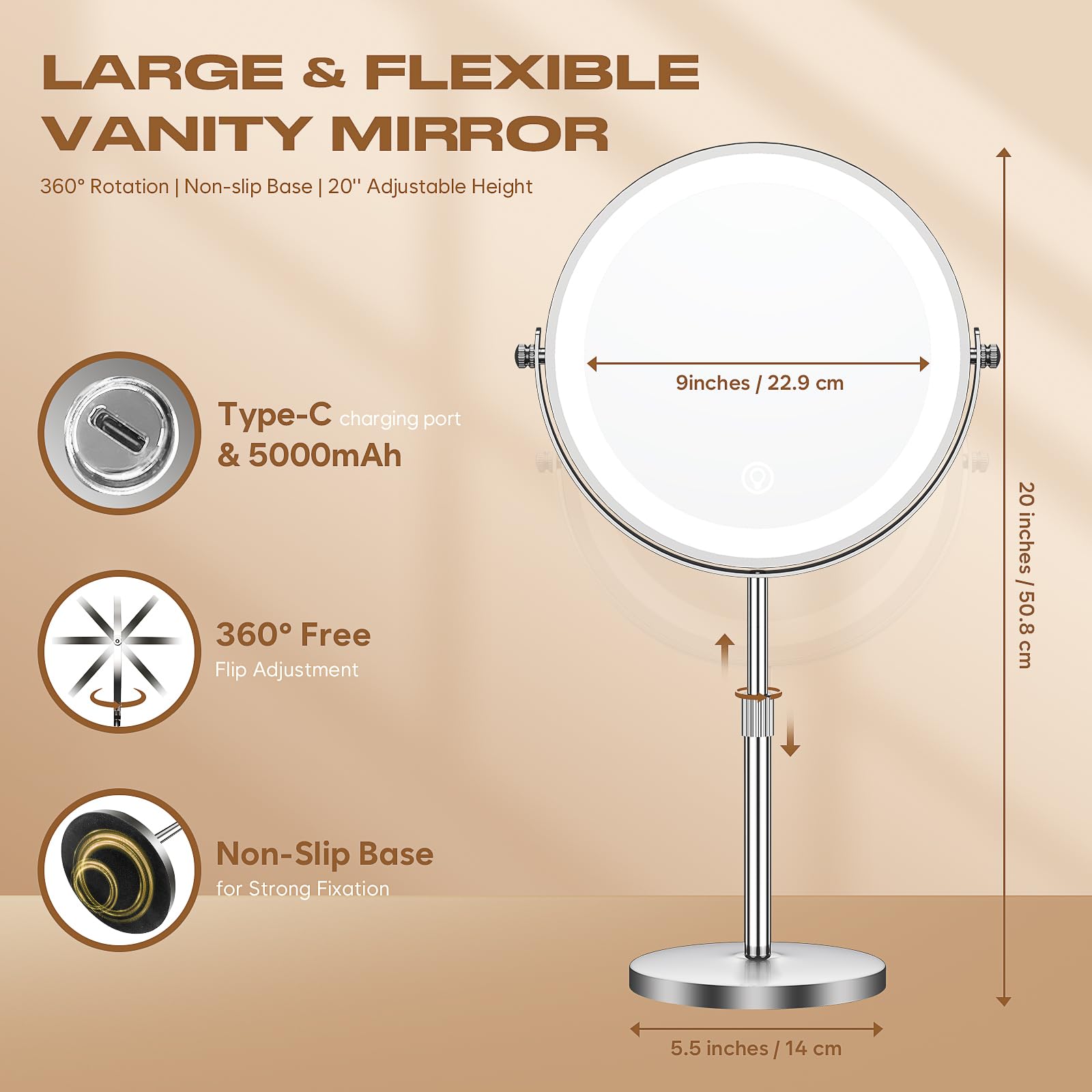 Makeup Mirror with Lights, 1x/20x 360° Rotation Vanity Mirror, Brightness Adjustable Lighted Makeup Mirror with Magnification, 5000 mAh Rechargeable Double Sided Mirror with 3 Colors, Gift for Women