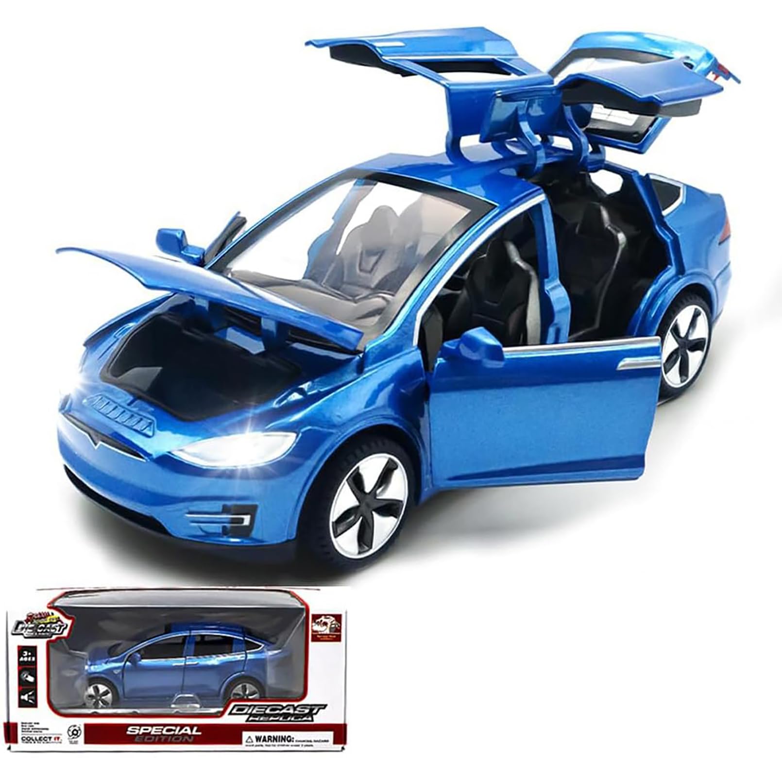 TOPRON model car Tesla Model X 1:32 scale, die-cast alloy electronic toy with pull-back function, with lights and music, mini vehicle toy as a gift for children (Blue)