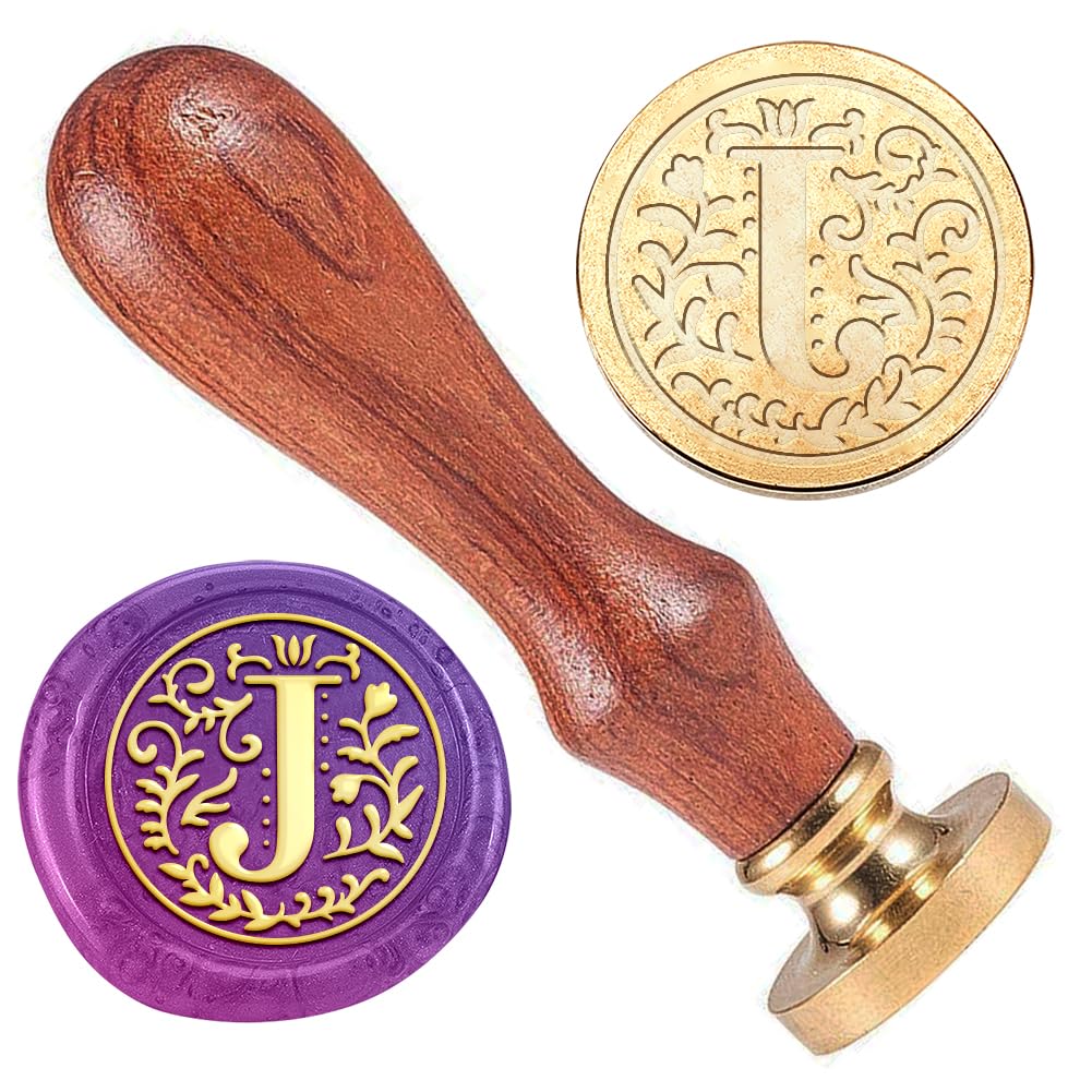DELORIGIN Initial Alphabet J Wax Seal Stamp Embossed Letter Stamp Sealing Vintage Elegant Pattern Removable 1" Brass Seal Wood Handle Wedding Party Invitations Envelopes Gift Craft Decoration