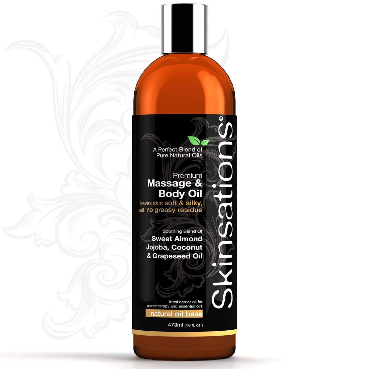 Skinsations - Natural Massage & Body Oil - Unscented 16oz | Relaxing, Sore Muscle Aromatherapy, Edible Sweet Almond Blend with Fractionated Coconut, Grapeseed, Jojoba Oils, Soothes Dry, Sensitive Skin: Health & Personal Care