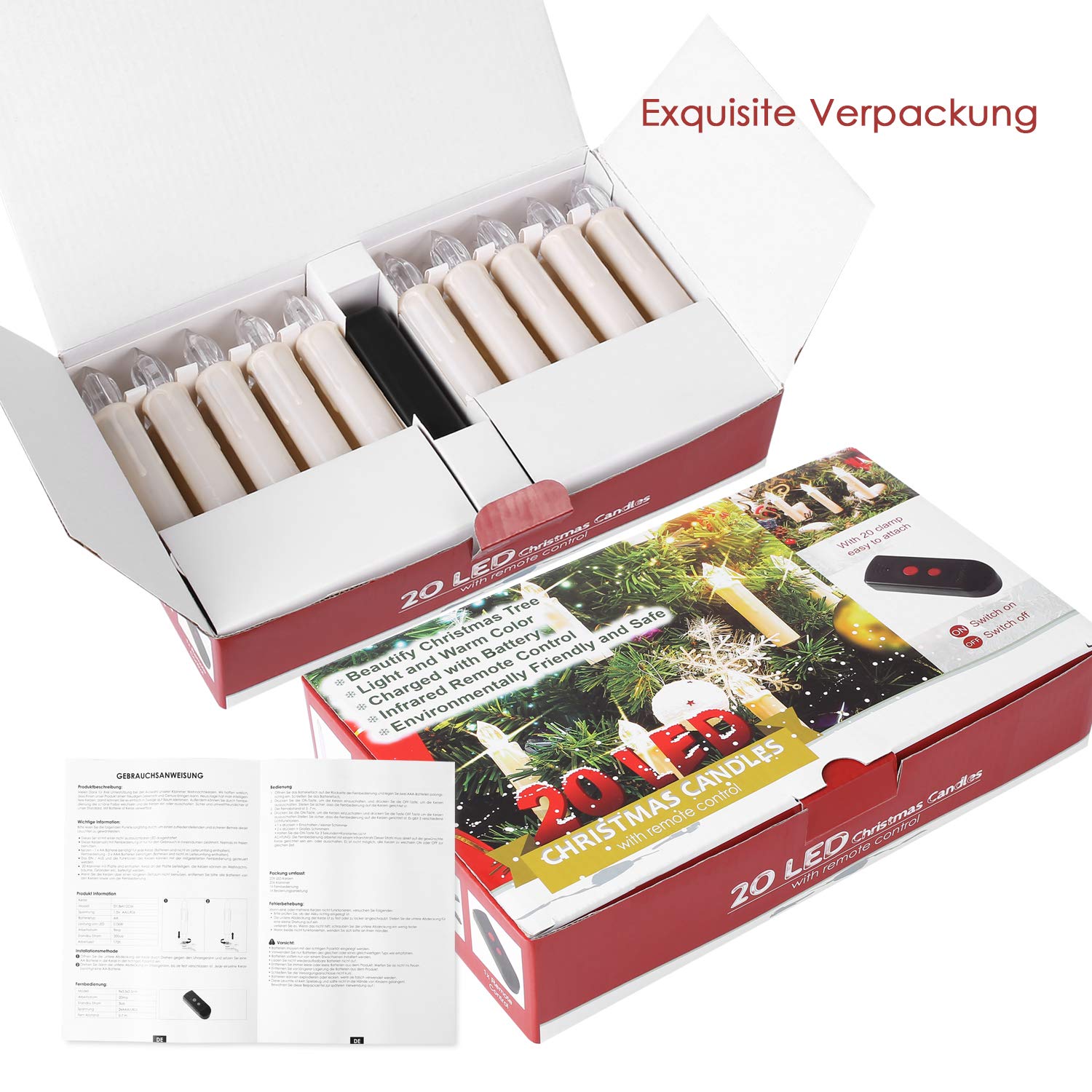 Velas LED de Navidad, MVPOWER 20 Luces de Velas Electrónicas Sin Llama Con Accesorios para Fijación y Control Remoto Infrarrojo para Árbol Navidad, Decoración de Cumpleaños, Fiesta-Luz Blanca Cálida