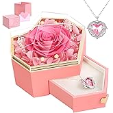 Preserved Pink Real Rose with Necklace Forever Flowers Diamond shaped Box for Mom Wife Girlfriend Grandma on Mothers Day Birthday Valentines Christmas Anniversary Beatiful Gifts for women