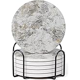 Hoomey Set of 6 Abstract Onyx Marble Gray Coasters with Holder, Absorbent Ceramic and Cork, Round Drink Coasters for Table Protection