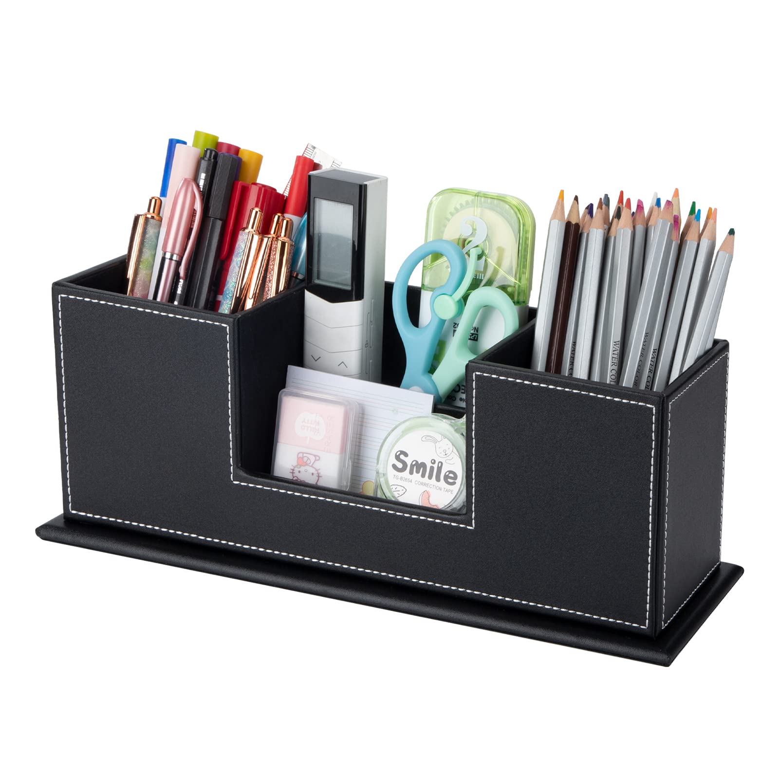Jeesblsy PU Leather Office Desk Organiser Tidy Pencil Pots Holder Office Stationery Storage Box Multi-Functional for Business Card Pen Mobile Phone Remote Control