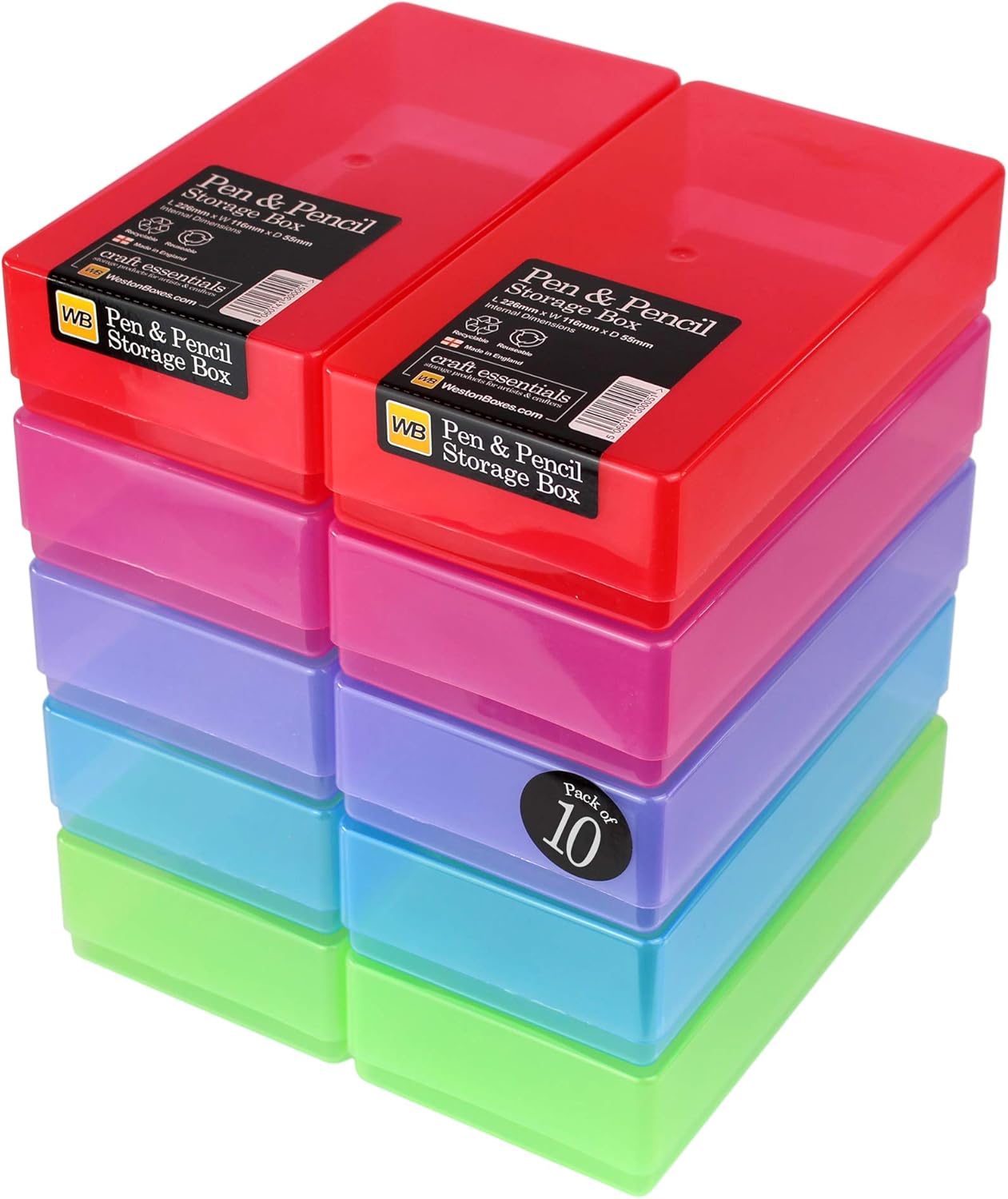 WestonBoxes Plastic Storage Boxes with Lids for Pens Pencils and Stationery - 1.4 Litre Volume (Multicoloured, Pack of 10)