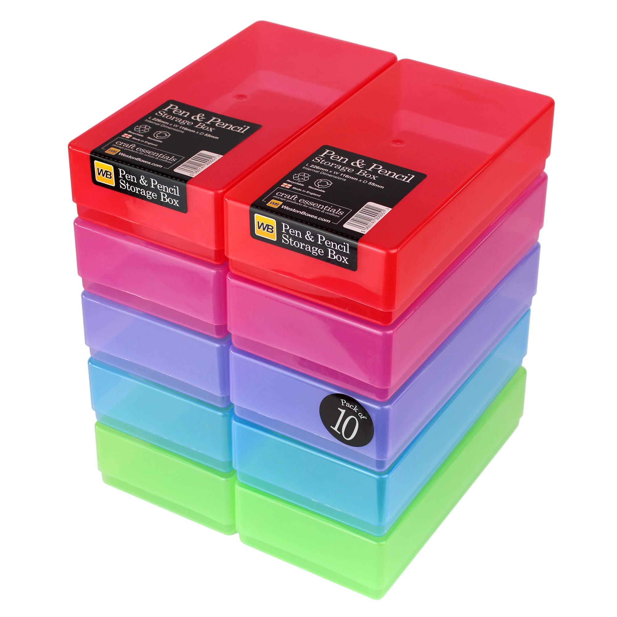 WestonBoxes Plastic Storage Boxes with Lids for Pens, Pencils and Stationery - 1.4 Litre Volume (Multicoloured, Pack of 10)