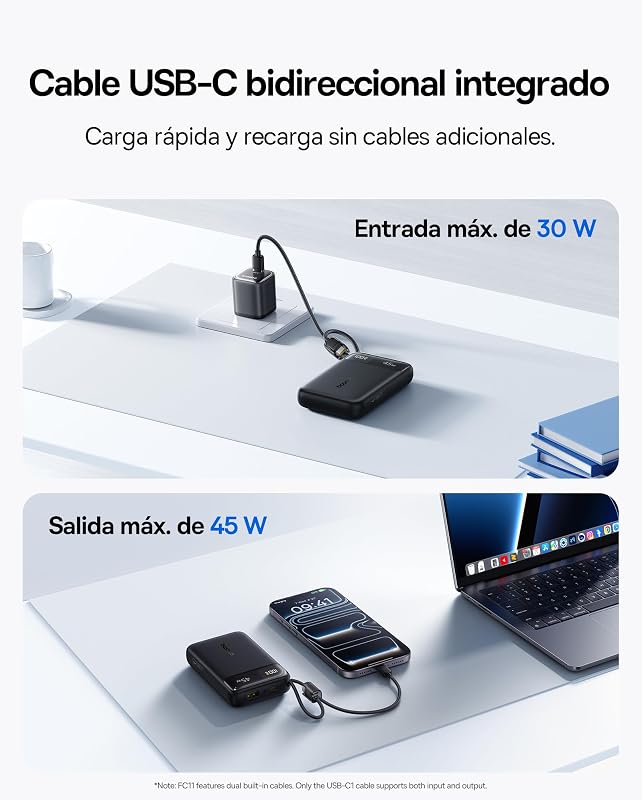FC11 Powerbank 45W 20000mAh com 2 cabos USB-C integrados, bateria externa de carregamento rápido com certificação CCC, mini power bank para iPhone 17/16/15/14 Pro MAX, iPad, Samsung, preto