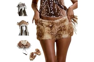 Women Brown Deer Print Faux Fur Shorts,Y2K Casual Fuzzy Animal Print Shorts,Winter Sexy Deer Print Fuzzy Cap Set Accessories