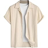 ZAFUL Casual Short Sleeve Button Down Shirts for Men Summer Textured Cuban Lapel Collar Solid Color Lightweight Beach Shirt