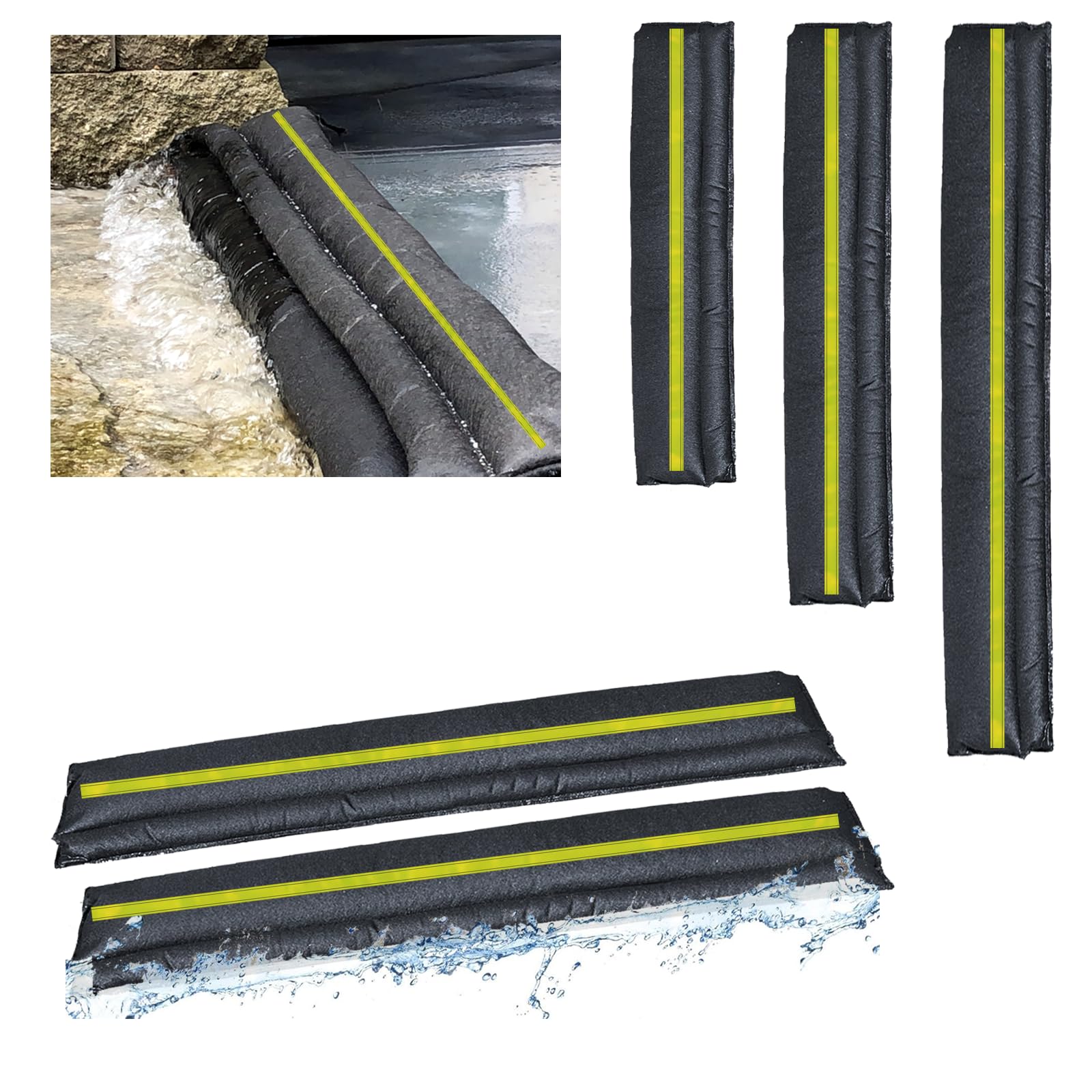 Estresen 6FT-2Pack Water Leak Absorber, Water Barrier for Flooding Sandless Sandbags with Reflective Strips Water Absorbent Sock Flood Barrier for Garage Door Basement against Heavy Rain