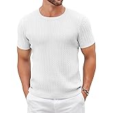 COOFANDY Men Crew Neck Knitted T-Shirt Short Sleeve Fashion Ribbed Knit T Shirt Lightweight Casual Retro Tee Shirts White