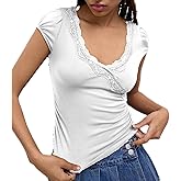 Women Y2K Lace Trim Shirt Tops Fairycore Short Cap Sleeve Solid Color Tee Shirt Summer Outgoing Slim Fit Crop to