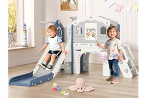 BIERUM 9 in 1 Toddler Slide Set - Baby Slide for Toddlers 1-3 with Colorful Lights, Drawing Board and Building Blocks Board, Indoor Outdoor Toddler Playset Playground, Blue Gray