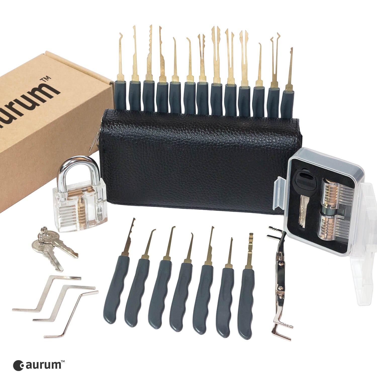 AURUM Original Lockpicking Set mit 2 Lockpick Übungsschlössern + PDF Anleitung | Das perfekte Dietrich Set zum Schlösser knacken | 20 Lockpicks | 4 Spanner