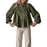 Seetaa Women's Peplum Babydoll Top Casual Faux Suede Blouse Loose Lantern Sleeve Back Button Shirts
