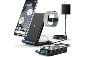 Houflody 3 in 1 Foldable Wireless Charging Station Only for Google Pixel Watch 2/Fitbit Versa 4/3, Pixel Buds Pro and Google Fold/8 Pro/8/7 Pro/7a/7/6/Pro, Wireless Charger with QC 18W Adapter, Black