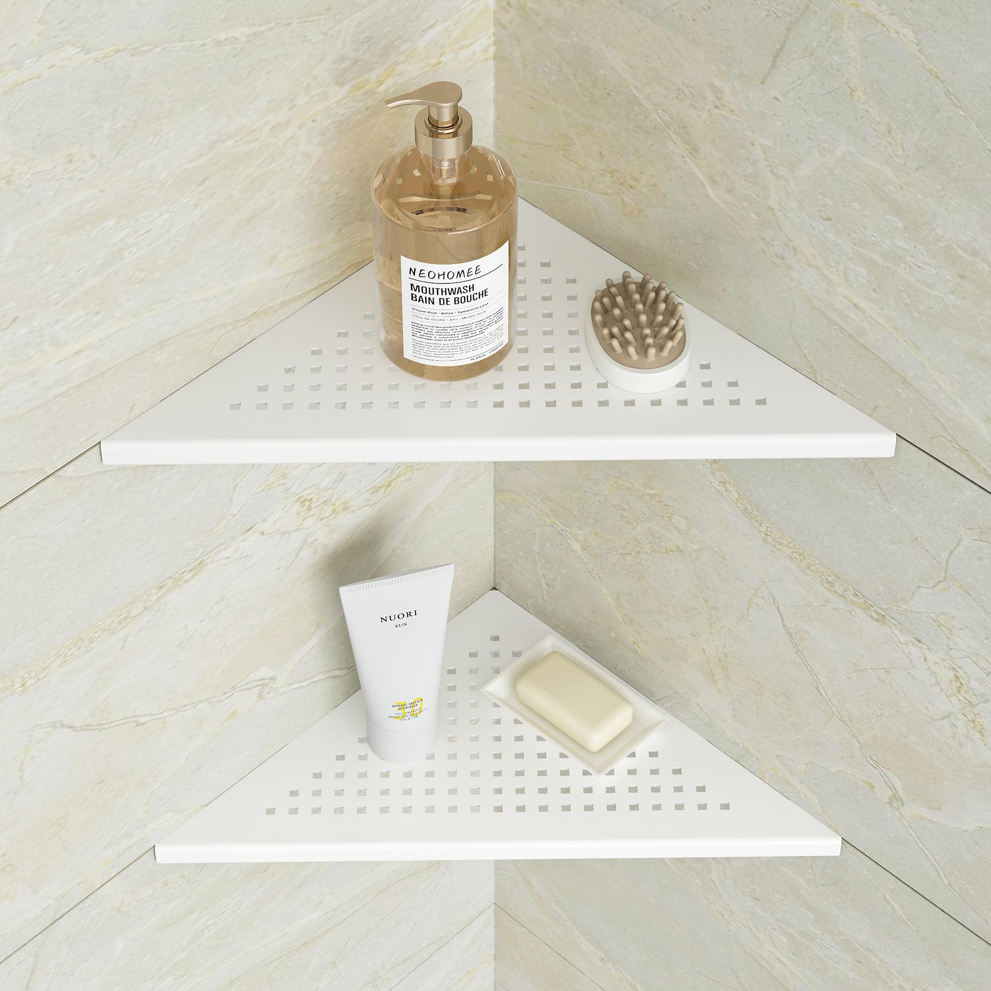 Neodrain Shower Corner Shelf Stainless Steel Bathroom Shelf White Shower Caddy Storage Tiles Recessed for Bathroom Kitchen, 2 Pack