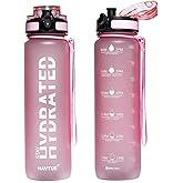 NAVTUE Water Bottle, 32oz Sports Water Bottles with Time Marker Wide Mouth, Motivational and Leakproof Drink Bottle, BPA Free Tritan with Carry Strap for Gym Fitness Outdoor (1 Bottle)