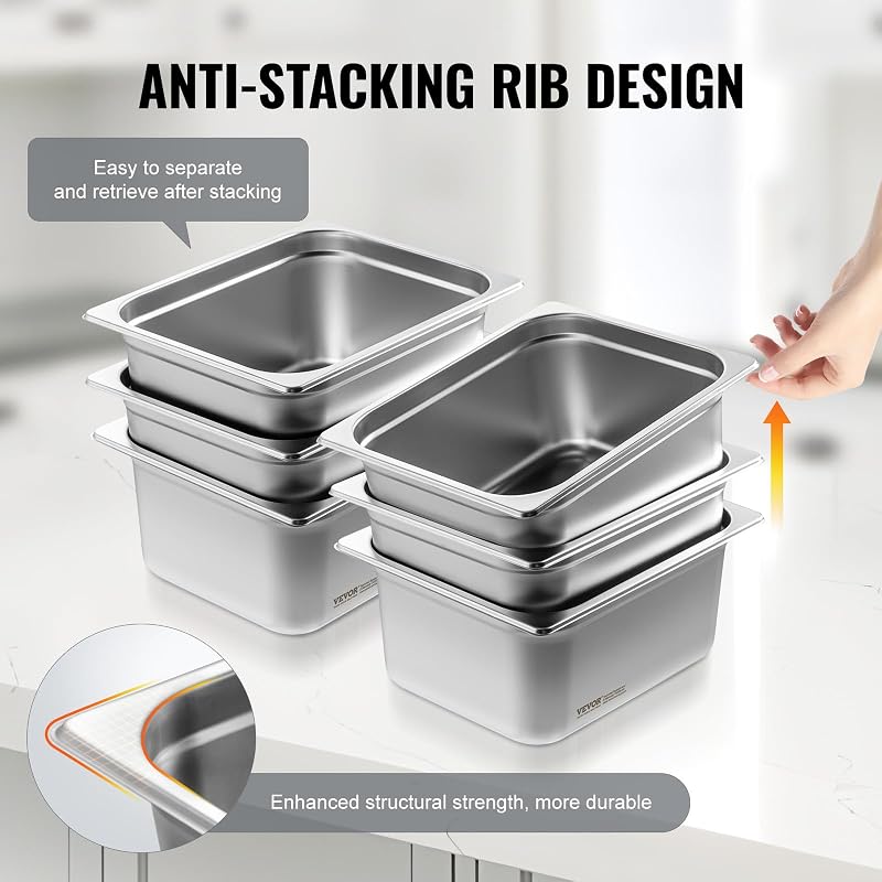 Pacote de 6 panelas de hotel a vapor anti-compotação de tamanho 1/2, aço inoxidável de 0,8 mm de espessura, armazenamento de alimentos para catering, industrial e científico, 325 x 266 x 148 mm