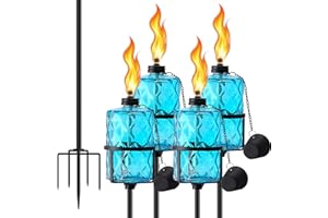 SNOGSWOG Glass Citronella Torches Set of 4, 12 Oz Outdoor Garden Torch with 5-Prong Grounded Stake, 59 Inch Glass Torch for Home Décor, Outside Torches for Backyard, Garden, Patio, Blue