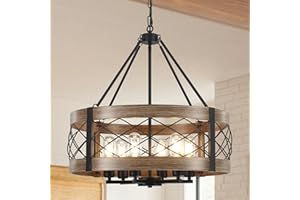 6-Light Farmhouse Chandelier for Dining Room, 21.6" Rustic Drum Chandelier with Vintage Wood Texture, Metal Drum Hanging Ligh