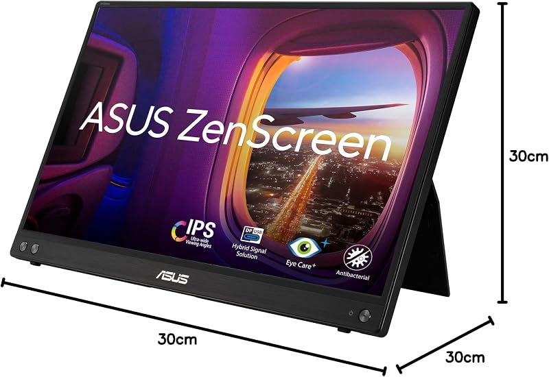 ZenScreen MB16ACV - Monitor portátil USB, 15,6", Full HD (IPS, Conectividad híbrida, USB de Tipo C, Antiparpadeo, Luz Azul de Baja Intensidad, Tratamiento Antibacteriano), 250cd/m², Negro