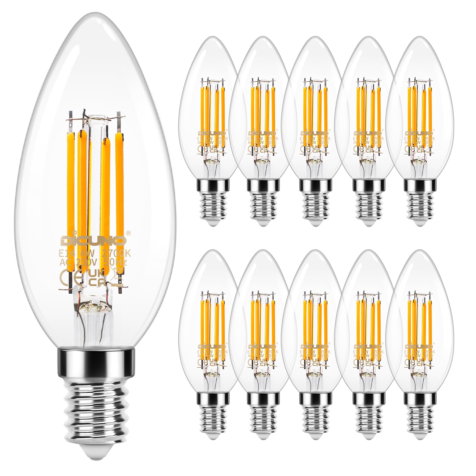 DiCUNO E14 Candle LED Bulbs, Small Screw E14 LED, 3.5W, 480LM, 40W Incandescent Equivalent, Warm White 2700K, SES C35 Clear Filament Bulbs for Chandeliers, 10Pcs
