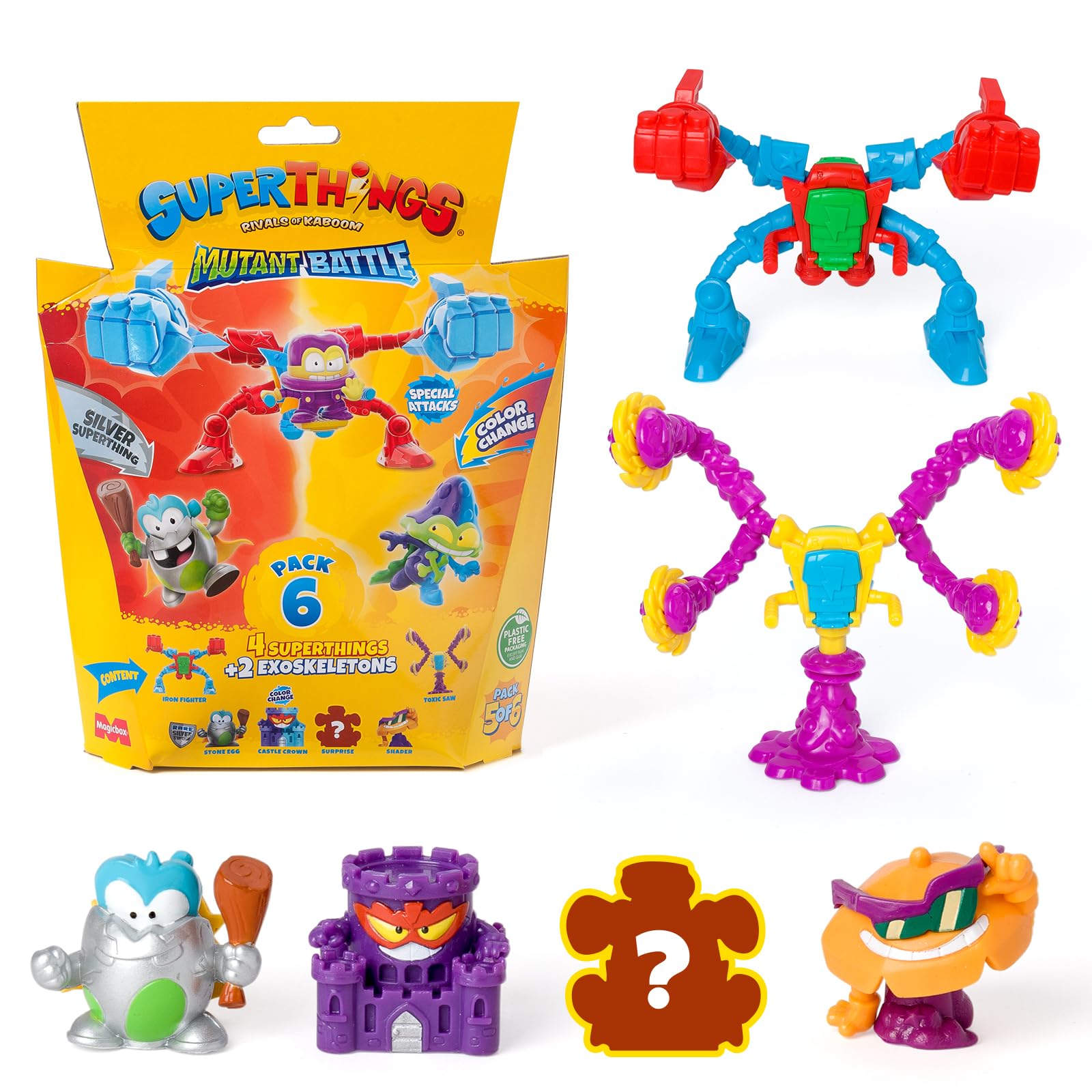 SUPERTHINGS Mutant Battle Series – Pack of 6. Includes 4 SuperThings (1 silver captain) and 2 Exoskeletons. Pack 5 of 6