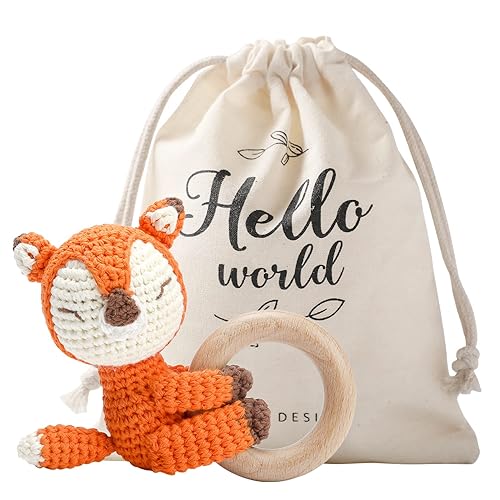 Wooden Baby Rattle Lovely Crochet Fox Ring Rattle, Newborn Animal