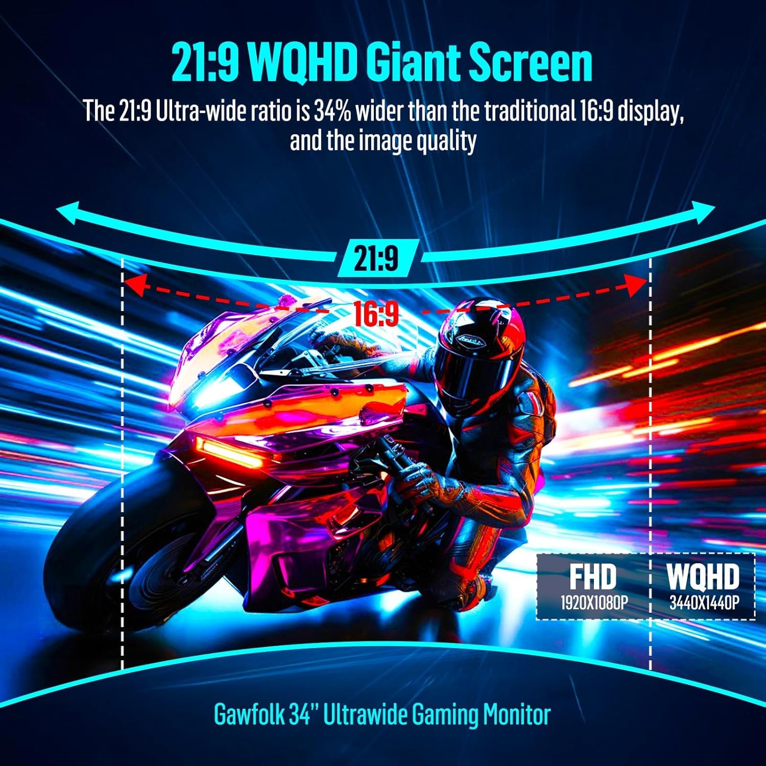 Gawfolk 34 Inch Ultrawide Curved Gaming Monitor, 1500R PC Screen 165hz UWQHD 3440x1440, Curved Computer Screen with FreeSync,Multi-Directional Adjustable Base