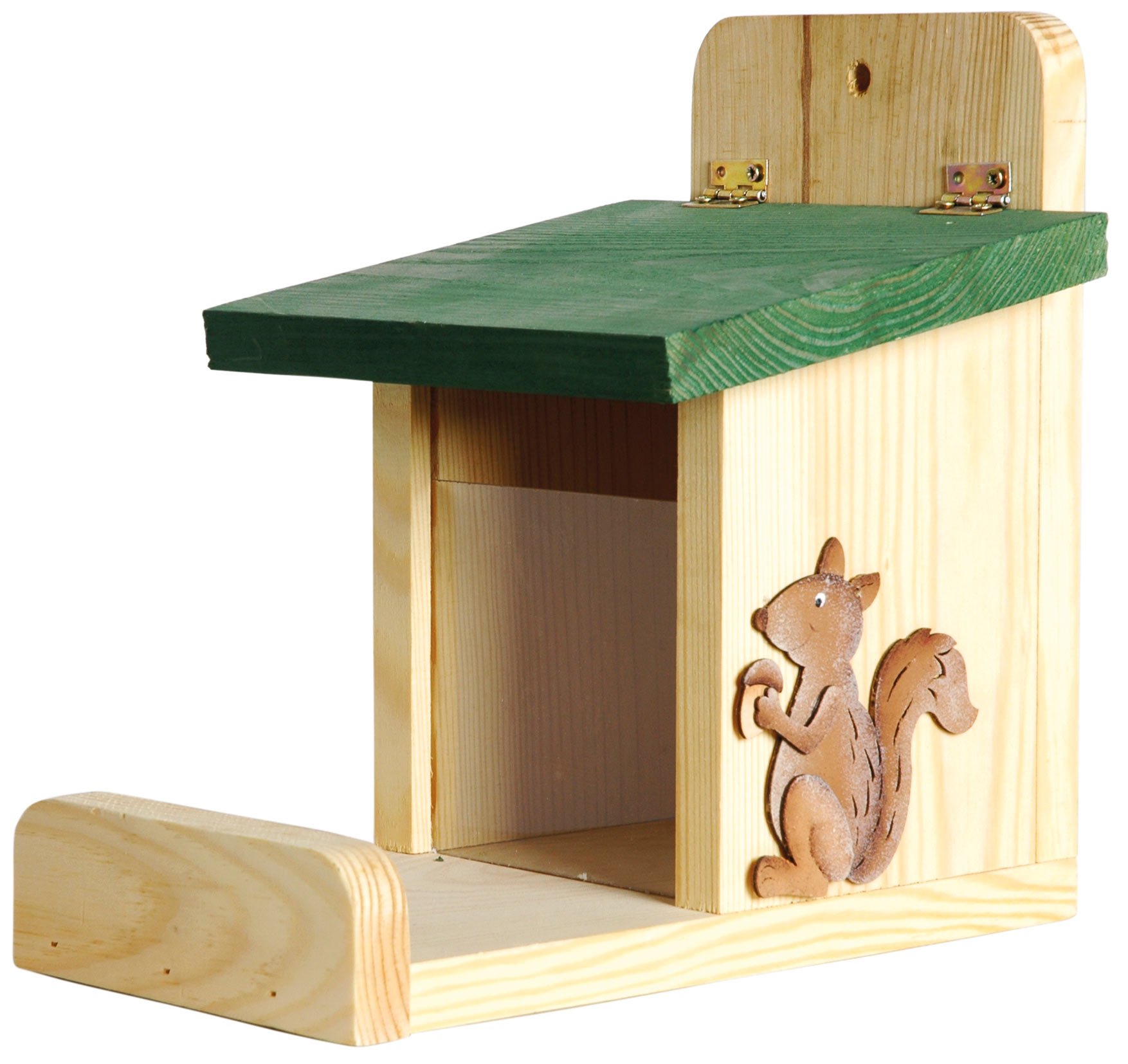 Squirrel feeding station with UV-acryllicglass silo, sitting shelve and decorative squirrel