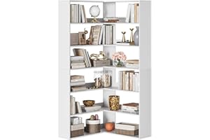 6-Tier l Shaped Corner Bookshelf, Tall Corner Shelf with Baffles, Modern Wood Bookcase for Living Room Bedroom Home Office St