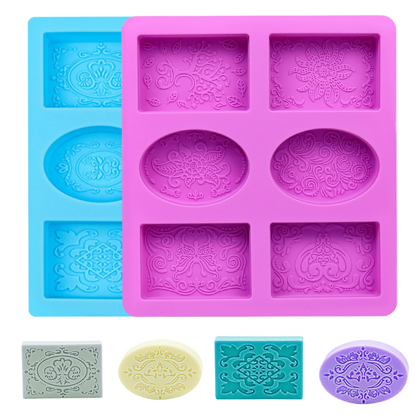 TRUEIN 2pcs Silicone Soap Moulds,6-Cavities Soap Moulds for Soap Making with Lace Pattern,DIY 3D Silicone Soap Mold Oval/Rectangular for Wax Candle Chocolate Cake Pan Biscuit(Blue+Purple