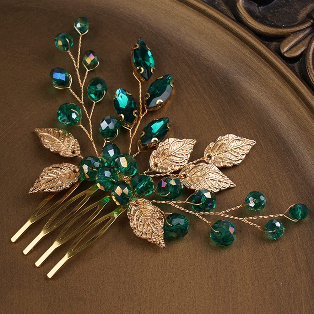 BERYUAN Women Gold Leaf Headpiece Emerald Green Crystal Hair Vine Comb Wedding Hair Accessory Rhinestone Hair Piece Gift for Her Party Headress for Bride Bridesmaid Girls(Gold)