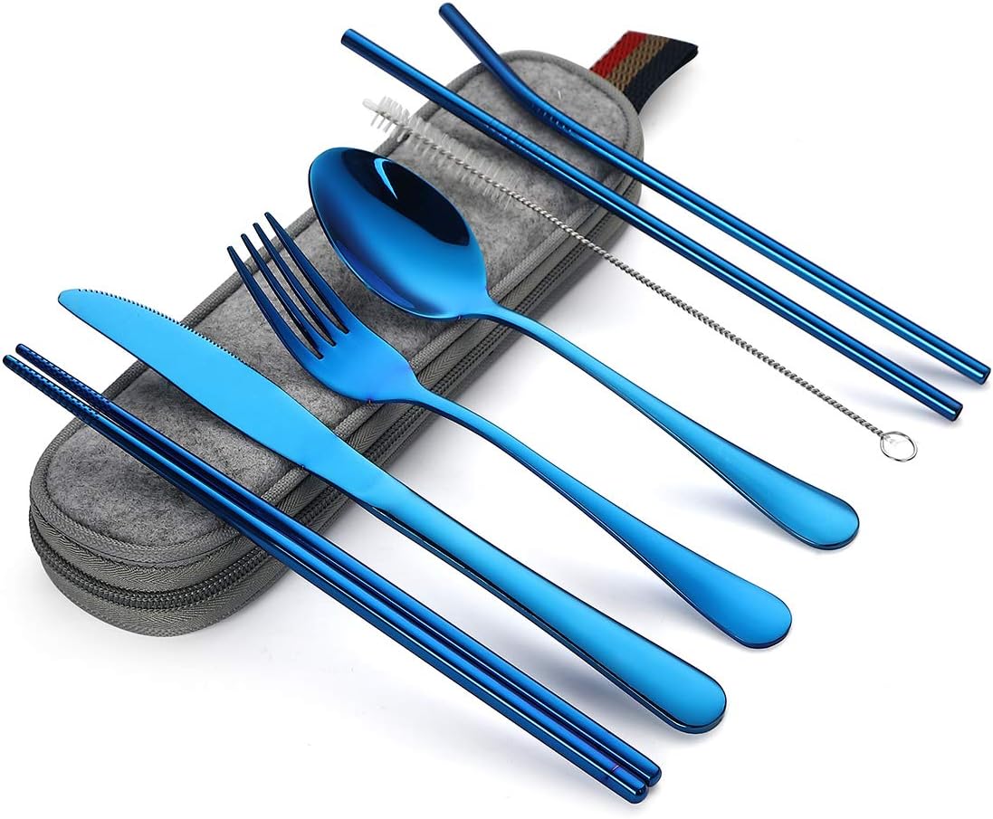 Devico Portable Utensils, Travel Camping Cutlery Set, 8-Piece including Knife Fork Spoon Chopsticks Cleaning Brush Straws Portable Case, Stainless Steel Flatware set (8-piece Blue)